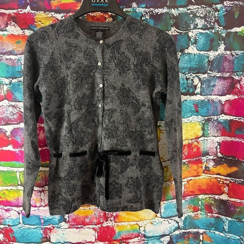 Sarah Spencer Lambs Wool Angora Gray Floral Cardigan Sweater Tie Waist Size XS